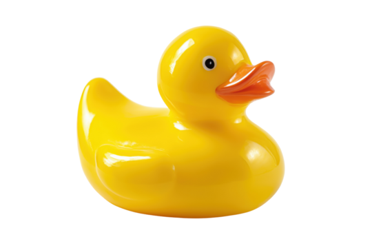 A classic yellow rubber duck toy on a white isolated background, perfect for bath time fun and kids' play.