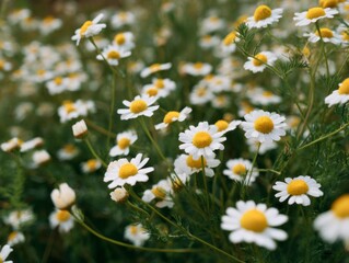 Fototapeta premium Field of white daisylike flowers with bright yellow centers amidst green foliage