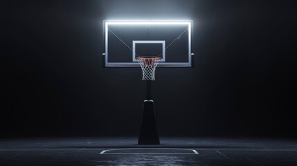 Illuminated basketball hoop on dark court.