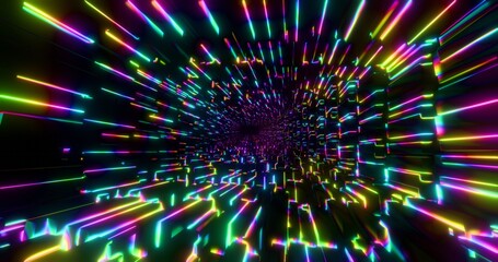 Obraz premium Futuristic glowing neon waving cube background. Shining geometric rainbow lines inside corridor in perspective. Bright retro digital cyberspace. 3D rendering.