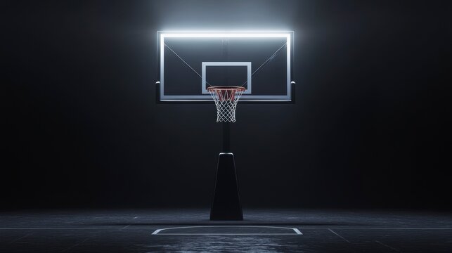 Illuminated basketball hoop on dark court.