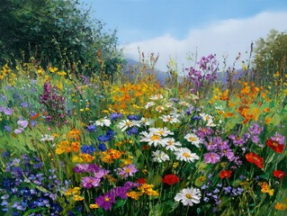 Floral landscape painting of a meadow with a blue sky