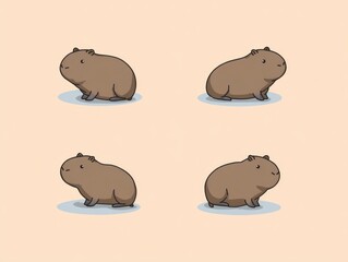 Obraz premium Four cartoon capybaras arranged in a grid on a beige background