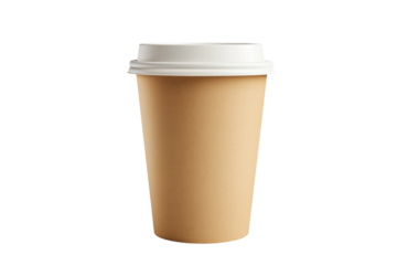 A plain brown paper cup with a white lid, isolated on a clean background, ideal for beverage presentations.
