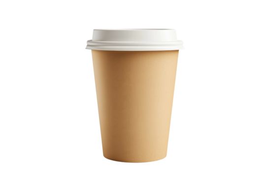 A plain brown paper cup with a white lid, isolated on a clean background, ideal for beverage presentations.