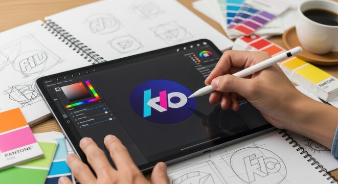 Graphic designer creating digital logo on tablet in design studio