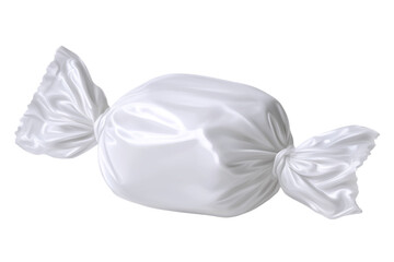 A single white candy wrapped in glossy cellophane on a white isolated background.