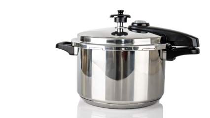 A shiny stainless steel pressure cooker with a black handle isolated on a transparent background