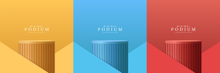 Set of yellow, blue and red realistic 3d cylinder stand podium. Product Minimal display stand. Abstract geometric shapes in a simple design. Fashion stage mockup scene. Studio product display stand.