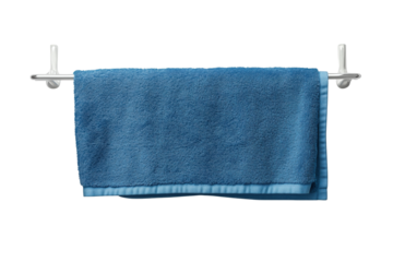 A vibrant blue towel hanging on a sleek towel rack, perfect for adding color to any bathroom decor.