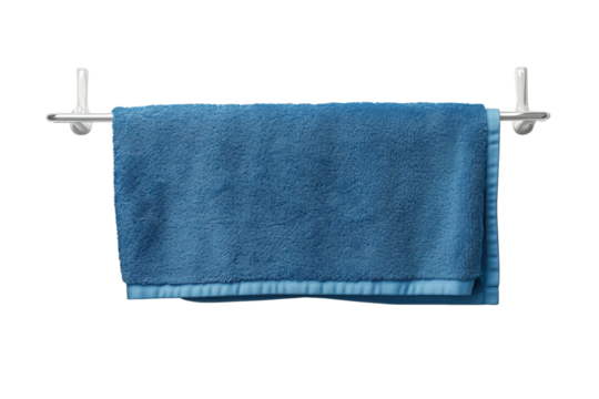 A vibrant blue towel hanging on a sleek towel rack, perfect for adding color to any bathroom decor.