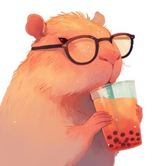 Illustrated capybara wearing glasses  sipping bubble tea