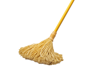 A yellow mop with soft fibers, perfect for cleaning and maintaining hygiene in homes and offices, isolated on a white background.