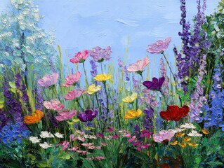 Impressionistic flowers in a field painted with textured brushstrokes under a light blue sky