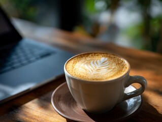 Latte art decorates a frothy coffee in a ceramic mug on a wooden table near a laptop