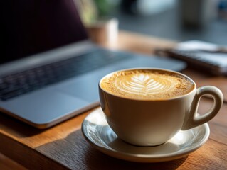Latte with leaf art beside a laptop and notebook on a wooden table bathed in sunlight