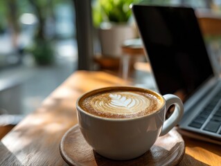 Latte art in white mug on wood table with laptop Sunny cafe ambiance