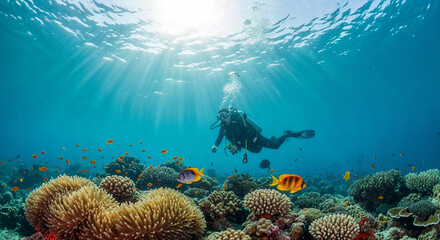Obraz premium Scuba diver explores vibrant coral reef teeming with colorful tropical fish