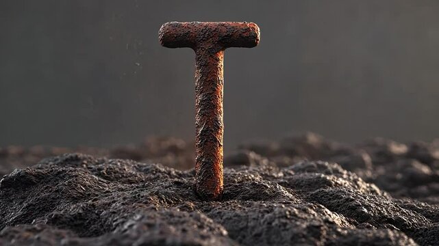 Rusted letter "T" in dark soil