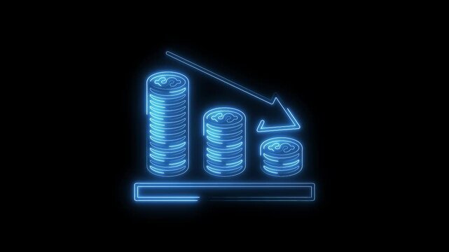 Neon style decreasing money graph on black background showing economic downturn and financial crisis