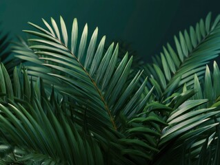 Lush dark green palm fronds with linear patterns fill the view against a blurred somber background