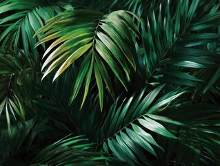 Lush dense cluster of vibrant green palm leaves filling the frame with sharp and detailed textures