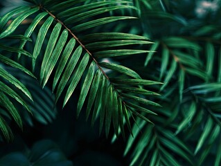 Lush detailed closeup of green striped palm fronds with a dark background showcasing plant texture and form