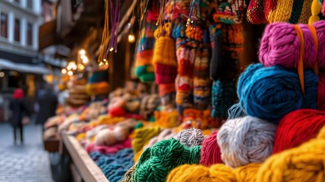 A vibrant market stall filled with colorful yarn balls and knitted items, creating a lively and artistic atmosphere.