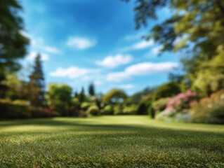 Lush green lawn with a blurred backdrop of trees and a blue sky with scattered clouds