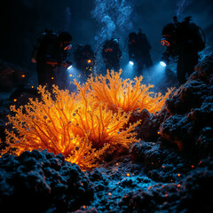 Divers explore vibrant orange coral illuminated by underwater lights in the deep sea