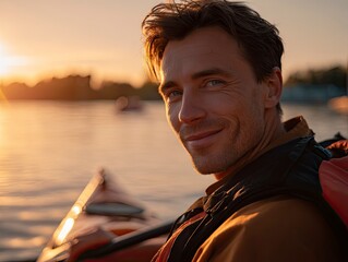 Man in kayak at sunset smiling with life vest