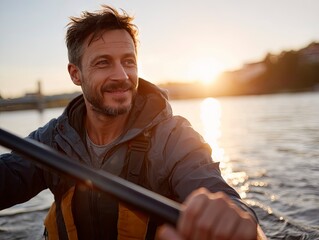 Man in kayak paddles on water during sunset wearing jacket and life vest