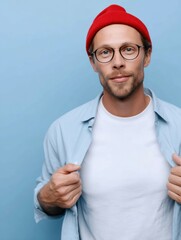 Man in red beanie glasses and an open blue shirt over a white tshirt