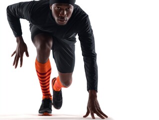 Man in running stance wearing black attire and striped socks