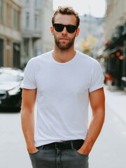 Man in sunglasses  white tshirt stands on city street with hands in pockets