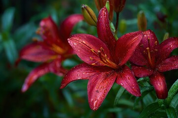 Closeup of vivid red lily flowers speckled with raindrops in a garden setting