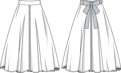 Blank midi skirt template for fashion illustration and technical drawing, with a bow-tie back and zig-zag stitch details for mockups