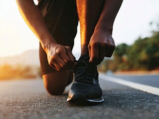 Man on road kneels to tie black running shoe against sunset