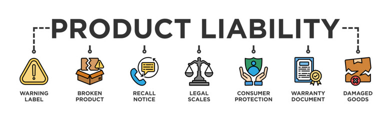 Product Liability banner web icon illustration concept with icon of Warning Label, Broken Product, Recall Notice, Legal Scales, Consumer Protection, Warranty Document, Damaged Goods