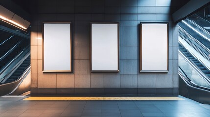 Three blank vertical billboards on a subway wall between escalators.