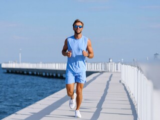 Man runs on pier in blue sportswear sporting sunglasses and a watch