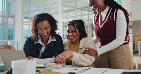 Laptop, university and women high five for success, learning goal or education target. College, students and happy team clap together for test pass, scholarship approval or celebrate achievement - Powered by Adobe