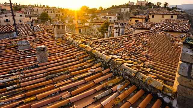 Aerial view of terracotta rooftops at sunset in a historic village, showcasing rustic architecture