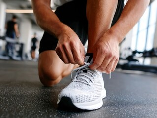 Man tying shoelaces on a white sneaker in a gym workout equipment in background