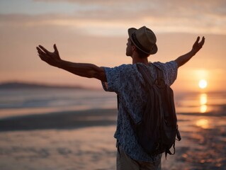 Man with arms outstretched facing the sunset on a beach with a hat and backpack