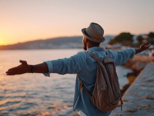 Man with backpack arms outstretched at sunset near water