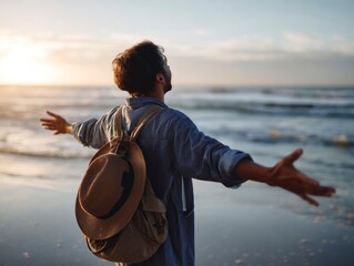 Man with backpack and outstretched arms faces the ocean