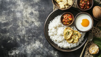 Overhead view of a delicious Indonesian breakfast rice, fried tempeh, sunny-side up egg, sambal, and coconut.