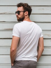 Man with beard sunglasses  white tshirt poses against a weathered wall