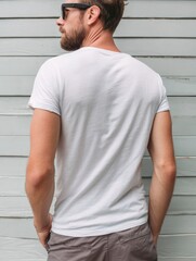 Man with beard wearing white shirt and sunglasses hands in pockets stands against blue paneling